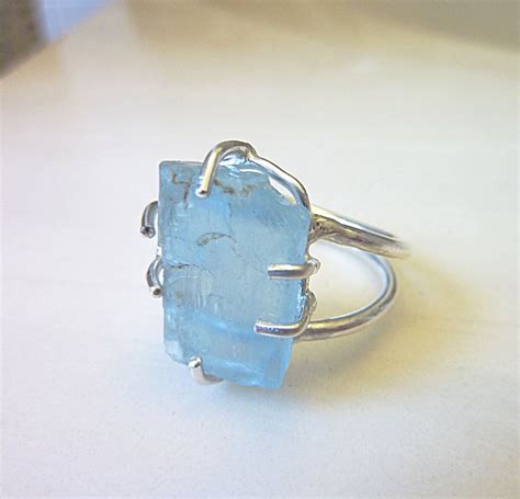 Aquamarine Ice Ring Raw Gemstone Blue Crystal Prong Set Etsy