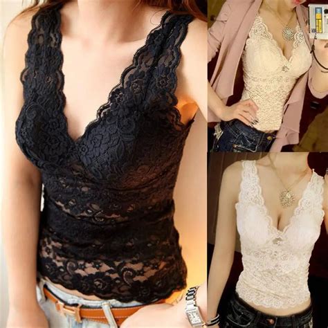 2018 Womens Sexy Tank Tops Lace Flower Pattern Tops Deep V Collar Vest