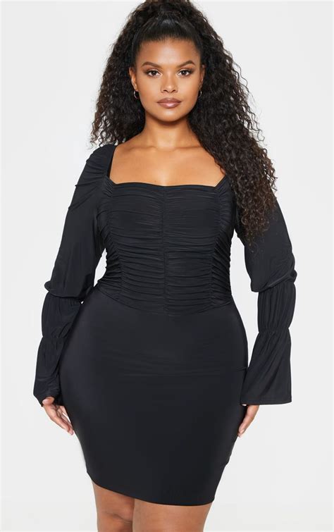Plus Black Slinky Ruched Top Bodycon Dress Shirred Dress Belted Dress Bodycon Dress Lace