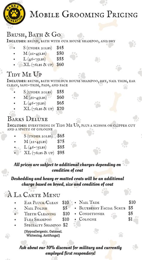 Best comparison list of vendor applications & tools. Mobile Grooming Price List 1 - Barks and Recreation