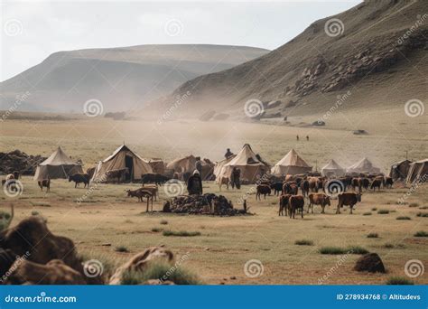 Nomadic Tribe S Camp With Tents And Livestock In The Background Stock