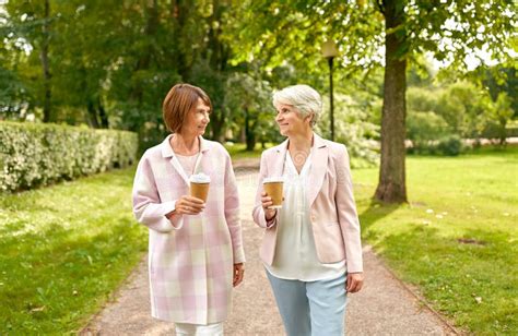Senior Women Or Friends Drinking Coffee At Park Stock Image Image Of