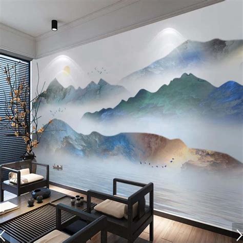 Hand Painting Abstract Chinese Mountain Stone Print Wallpaper Mural For