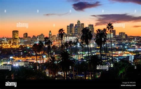 Los Angeles Skyline Sunset California Usa Stock Photo Alamy