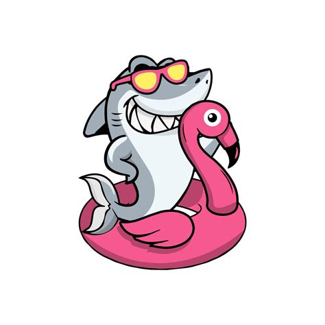 Smiling Shark Cartoon Mascot Character With Sunglasses And Flamingo