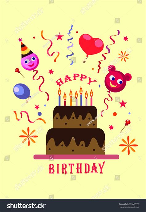 vektor stok happy birthday card birthday cake balloons tanpa royalti 381020974 shutterstock