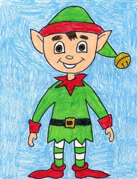 A Drawing Of An Elf With A Bell On His Head And Green Pants Standing In Front Of A Blue Background