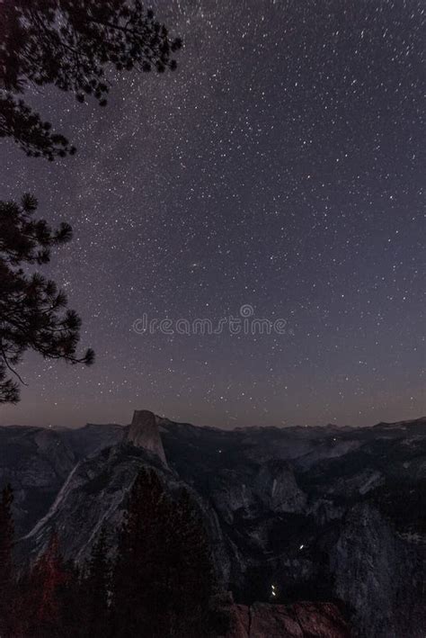 Scenic Night Sky Above The Famous Half Dome Mountain Yosemite Np Stock
