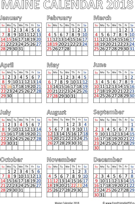 Maine 2018 Calendar Pdf Free Printable Pdf