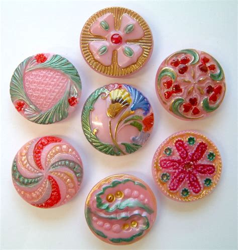 7x 28mm Vintage Very Ornate Pink Glass Buttons With Enamel Paint
