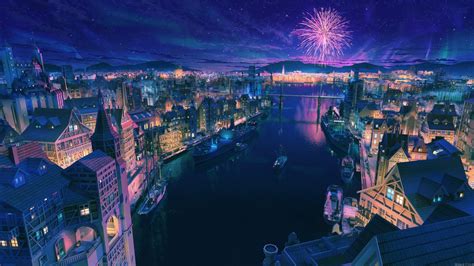 Wallpaper Sky Anime Cityscape Fireworks Scenic Night Stars