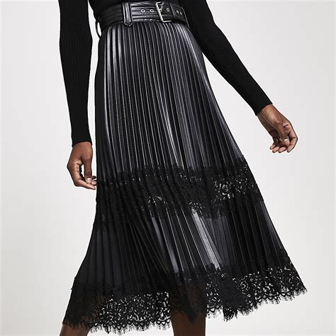 Black Faux Leather Pleated Lace Midi Skirt River Island