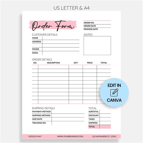 Pink Order Form Template Custom Order Form Editable Canva Template For Small Business Fall