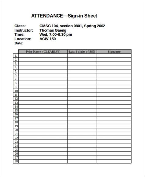 Attendance Sign Sheet