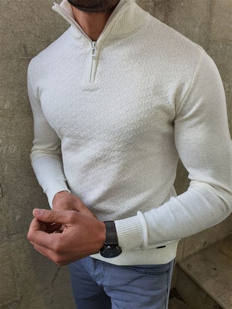 Buy White Slim Fit Zipper Mock Turtleneck Sweater By GentWith Com