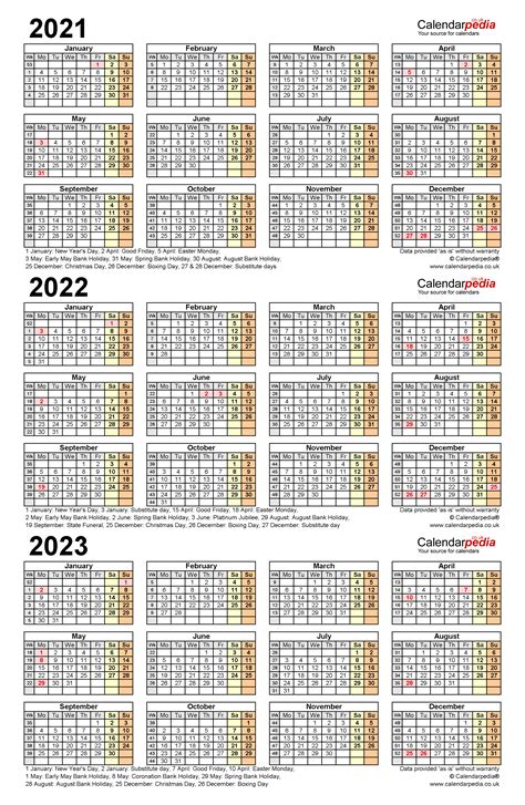Three Year Calendars For 2021 2022 And 2023 Uk For Excel