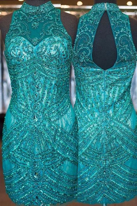 luxurious sheath high neck sleeveless open back turquoise homecoming dress with beading