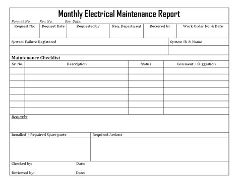 This electrical quality control checklist can be customised for your electrical equipment and jobs, and manage your electrical quality control checklists in the cloud, where they are stored securely and always instantly format your completed quality control plans into timeline view or register view. Monthly Electrical Maintenance Report Format