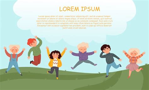 Premium Vector Group Of Happy Kids Jumping On Summer Meadow Happy