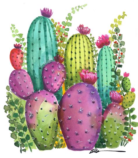 Original Watercolor Colorful Cactus Garden No 1 Ellencrimitrent