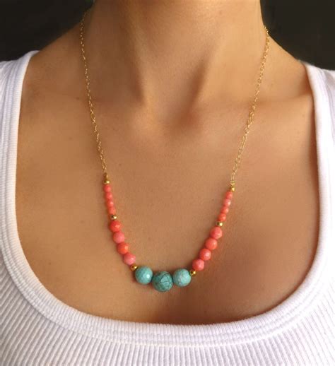 Turquoise And Coral Necklace Gold Beaded Boho Turquoise Etsy Beaded