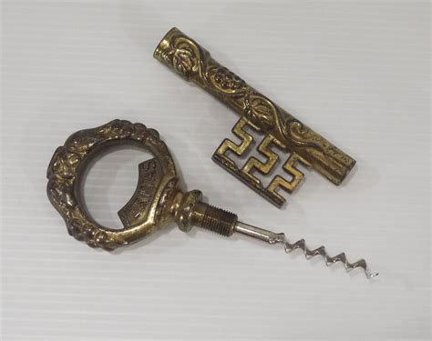 Vintage Brass Corkscrew French Key Wine Bottle Opener In Vino Veritas