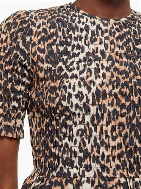 Leopard Print Smocked Cotton Blend Top Ganni Matchesfashion Uk