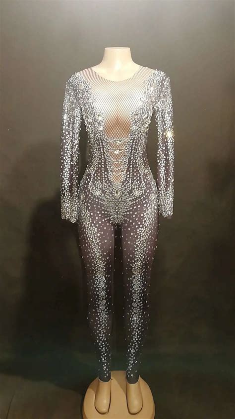 Nightclub Sexy Singer Jumpsuit Stage Performance Dance Rompers Sparkly Crystals Bodysuit Long