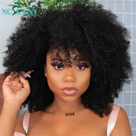 Get Afro Kinky Curly Wig Human Hair Wigs With Bangs Density Remy