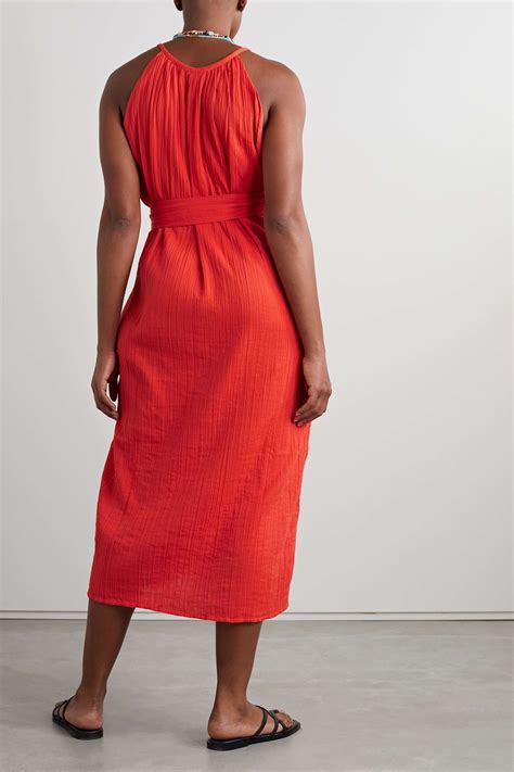 Bright Orange NET SUSTAIN Sydney Belted Organic Cotton Crepon Midi Dress MARA HOFFMAN NET