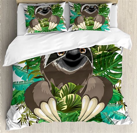 Sloth Duvet Cover Set Cartoon Mammal On Tropical Jungle With Green