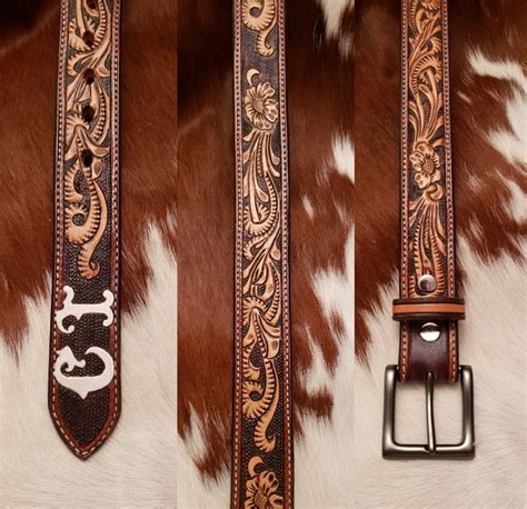Tooled Leather Belt With Initials Western Belt Custom Belt Etsy
