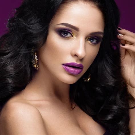 Beautiful Brunette Model Curls Classic Makeup Gold Jewelry And