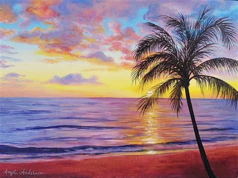 Sunset Palm Tree Beach Original Acrylic Painting Etsy