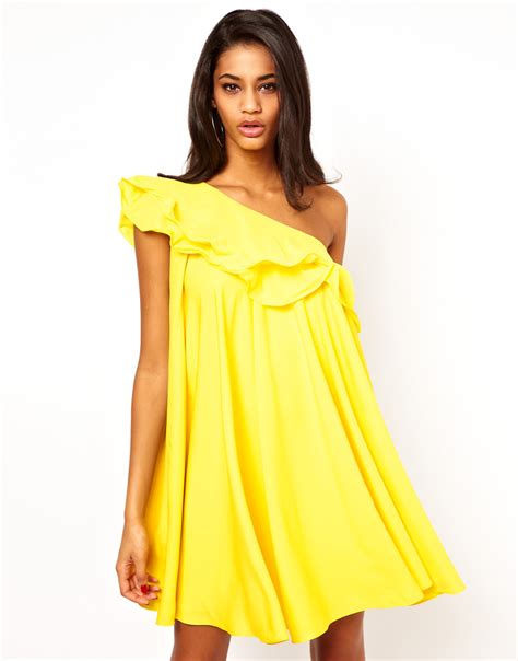 Lyst Asos Collection One Shoulder Ruffle Shift Dress In Yellow