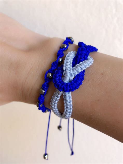 The bracelet is adjustable by tugging at the knots (like friendship bracelets when we were young!) Infinity knot macrame adjustable bracelet, gift idea blue and grey by RagsToStitchesCo on Etsy ...