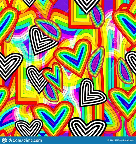 Rainbow Heart Bright Opt Art Background Seamless Trend Vector Pattern
