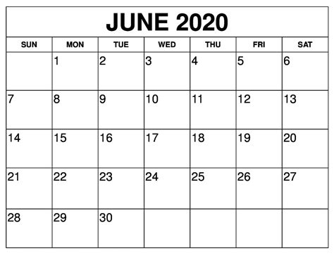 Printable Monthly Calendar June 2020 Example Calendar Printable