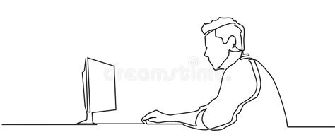 Continuous Line Drawing Of An Office Worker Focused At A Computer