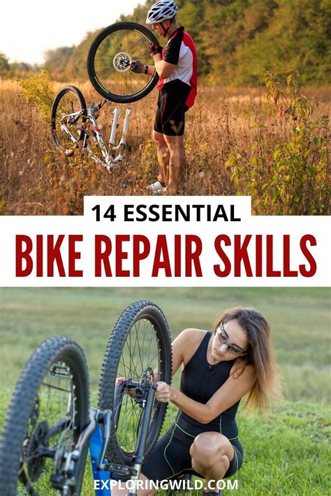 A Woman Working On Her Bike With The Words 14 Essential Bike Repair Skills