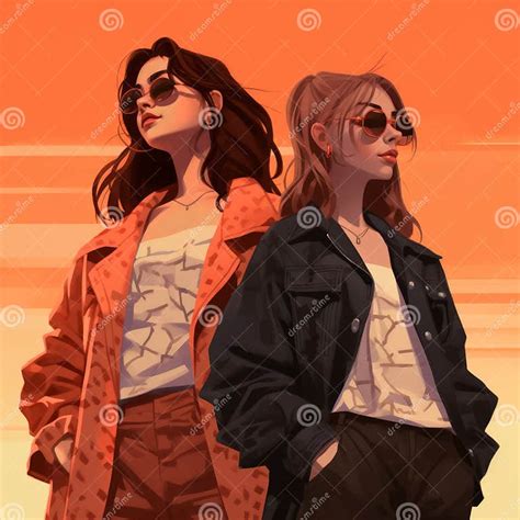 Fashion Illustration Two Females In Shades With An Orange Background Stock Illustration