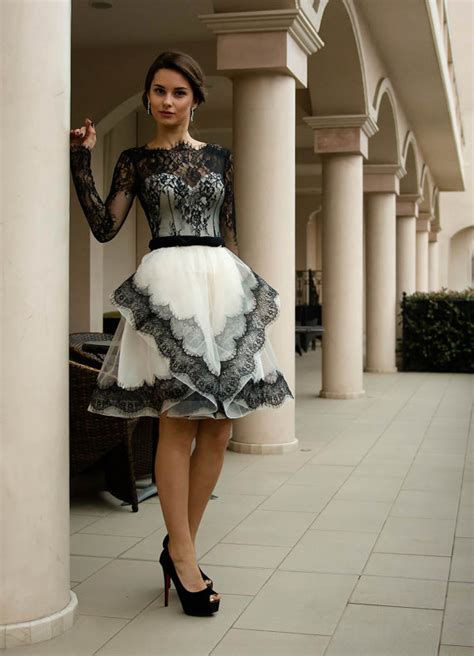 Our short wedding dresses are a perfectly sophi there are no rules that say your wedding. Black and white wedding dress Short bridal dress with lace