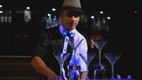 Male Bartender Juggling Bottles Barman Show Clear Shots Man