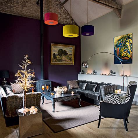 Purple Living Room With Grey Velvet Sofa Decorating