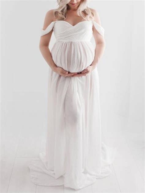 white patchwork lace off shoulder slit pregnant photoshoot elegant maternity maxi dress