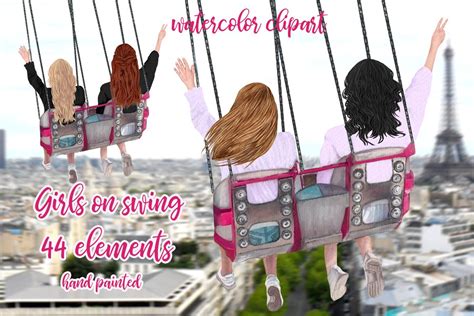 Best Friends Clipart Girls On Swing People Illustrations ~ Creative Market
