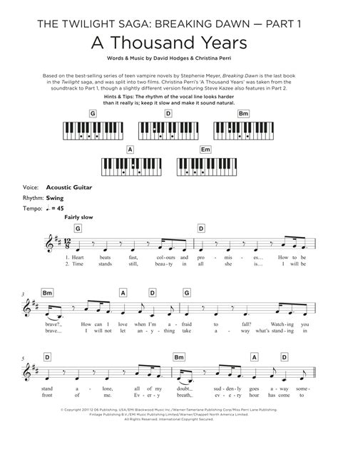 A Thousand Years Sheet Music Christina Perri Keyboard Abridged