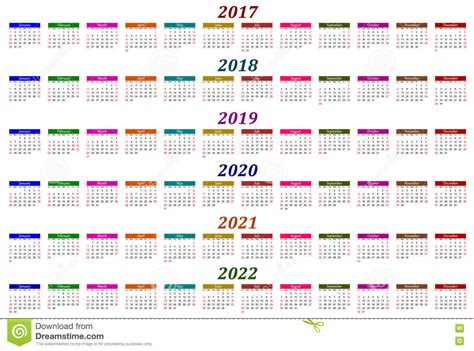 Six Year Calendar 2017 2018 2019 2020 2021 And 2022 Vector