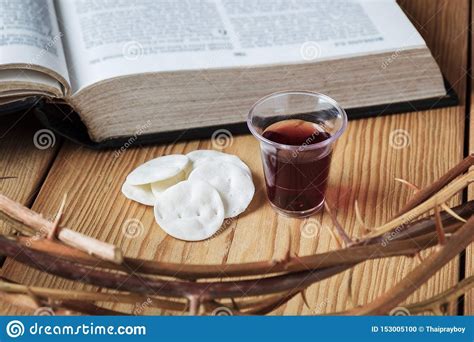Holy Communion Symbolic Wine And Bread With Crown Of Thorns And Bible
