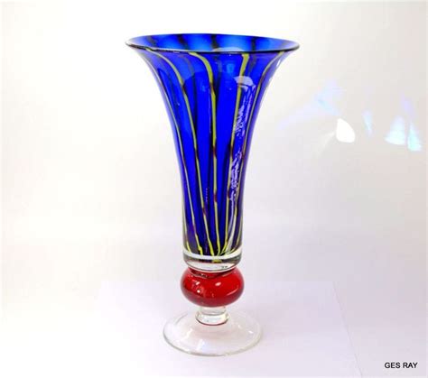 Mid Century Italian Venetian Murano Art Glass Vase Blue Yellow Red Strips 12 Hand Blown Glass